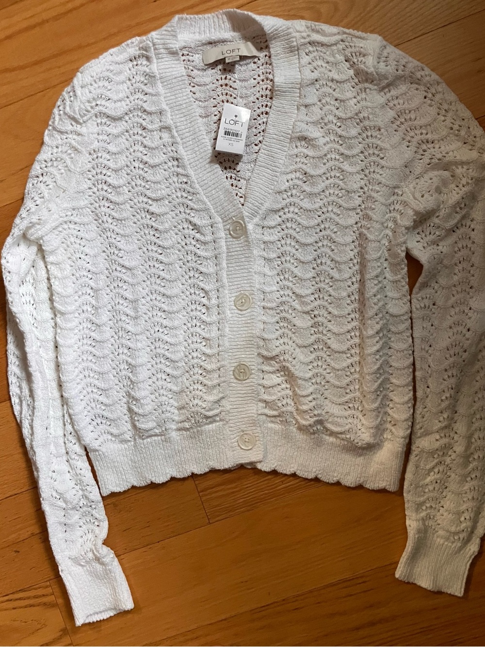 LOFT White Open-Knit V-Neck Button Cardigan